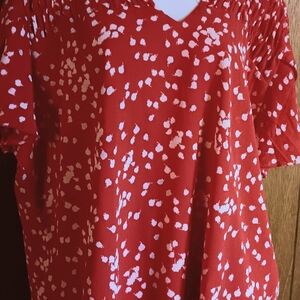 NWT Red/White Dot Blouse W/gathered Shoulders, V-neck w/ruffle, Flutter S/slv.